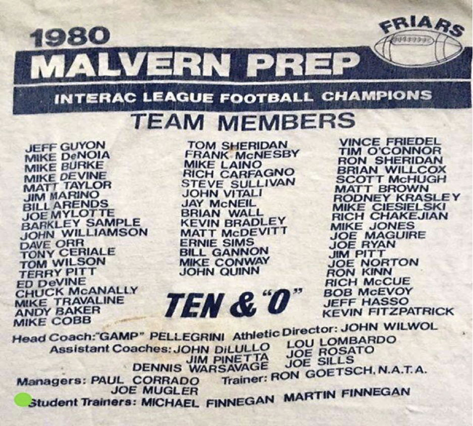 1980 Malvern Prep Inter AC League Football Champions Team Members 10-0